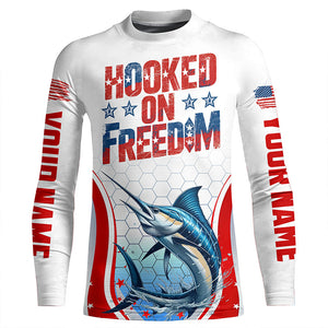 American Flag Marlin Custom Long Sleeve Fishing Shirts, Hooked On Freedom Patriotic Fishing Jerseys IPHW6813