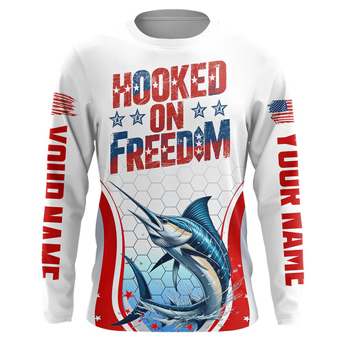 American Flag Marlin Custom Long Sleeve Fishing Shirts, Hooked On Freedom Patriotic Fishing Jerseys IPHW6813