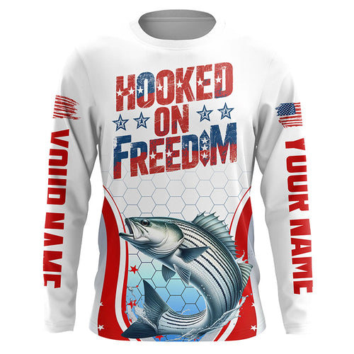 American Flag Striped Bass Custom Long Sleeve Fishing Shirts, Patriotic Fishing Jerseys IPHW6814