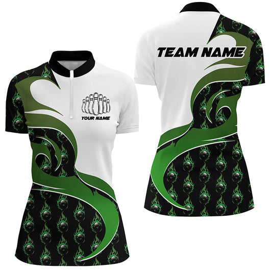 Customized Green Flame Bowling Polo Shirts For Women, Bowling Team Shirts Outfit Bowling IPHW6973