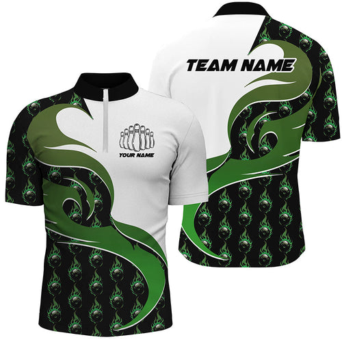 Customized Green Flame Bowling Polo Shirts For Men, Bowling Team Shirts Outfit Bowling IPHW6973