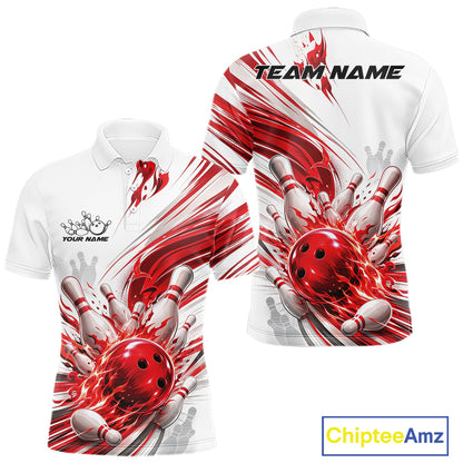 Custom White And Red Flame Bowling Team Jerseys, Bowling League Men Polo Shirt IPHW11642