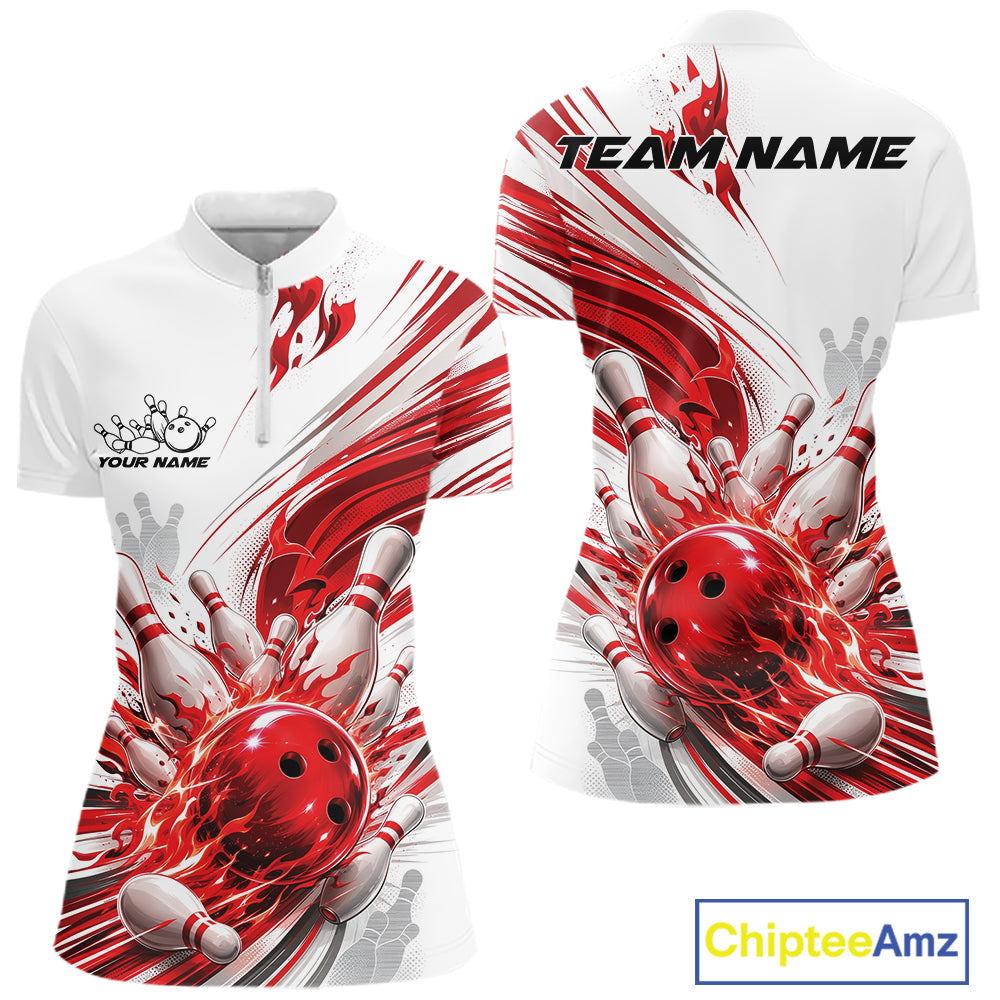 Custom White And Red Flame Bowling Team Jerseys, Bowling League Women Quarter-Zip Shirt IPHW11642