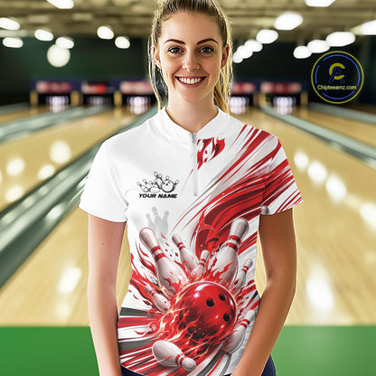 Custom White And Red Flame Bowling Team Jerseys, Bowling League Women Quarter-Zip Shirt IPHW11642