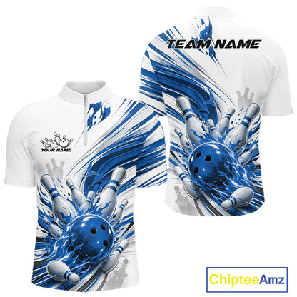 Custom White And Blue Flame Bowling Team Jerseys, Bowling League Men Quarter Zip Shirt IPHW11643