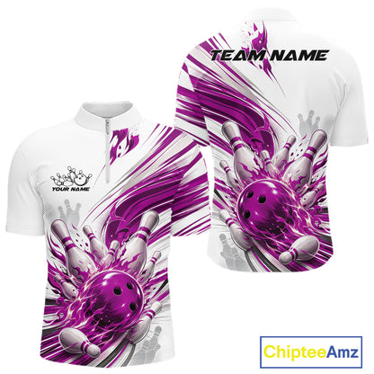Custom White And Purple Flame Bowling Team Jerseys, Bowling League Men Quarter Zip Shirt IPHW11644
