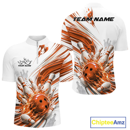 Custom White And Orange Flame Bowling Team Jerseys, Bowling League Men Quarter Zip Shirt IPHW11645