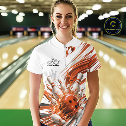 Custom Orange Flame Bowling Team Jerseys, Bowling League Women Quarter-Zip Shirt IPHW11645