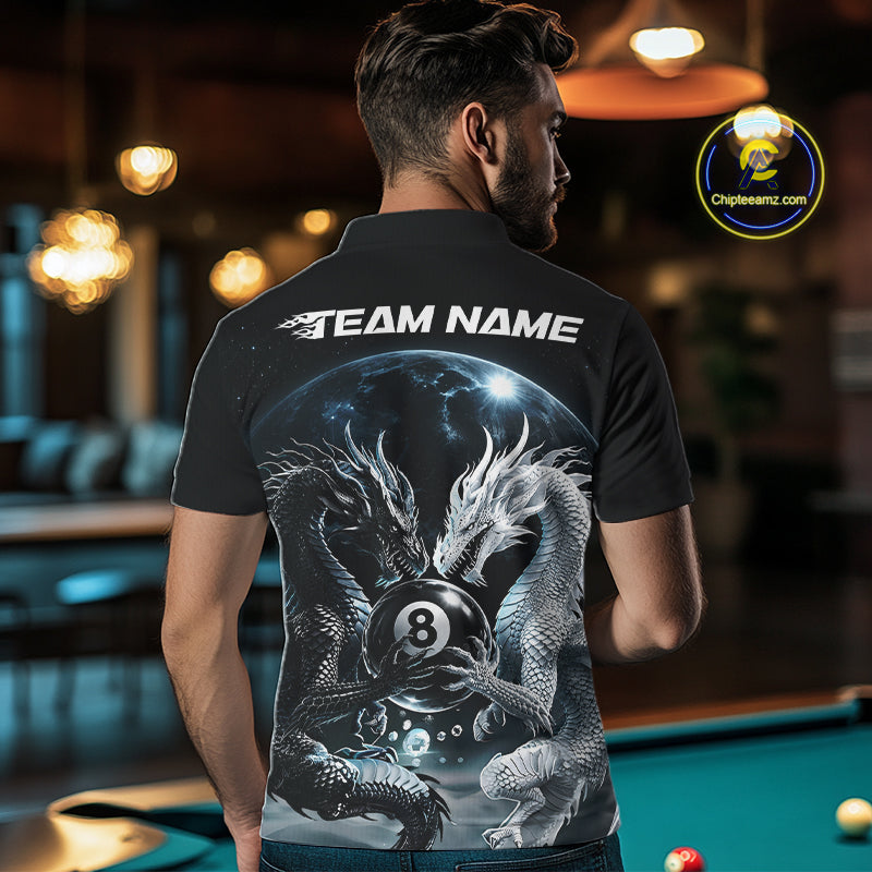 Custom Black And White Dragon 8 Ball Billiard Polo Shirt For Men, Dragon Pool Shirt IPHW11652
