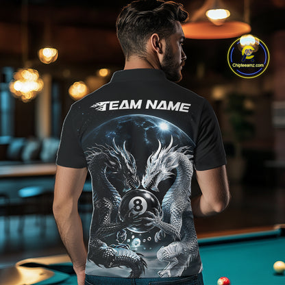 Custom Black And White Dragon 8 Ball Billiard Polo Shirt For Men, Dragon Pool Shirt IPHW11652