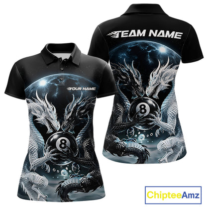 Custom Black And White Dragon 8 Ball Billiard Polo Shirt For Women, Dragon Pool Shirt IPHW11652