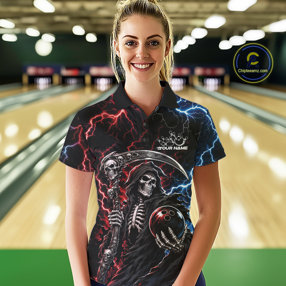 Custom Blue And Red Lightning Grim Reaper Skull Bowling Halloween Women Polo Shirt IPHW11654