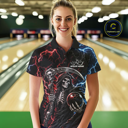 Custom Blue And Red Lightning Grim Reaper Skull Bowling Halloween Women Polo Shirt IPHW11654