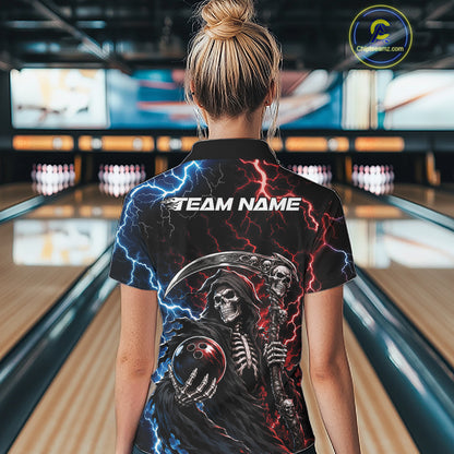 Custom Blue And Red Lightning Grim Reaper Skull Bowling Halloween Women Polo Shirt IPHW11654