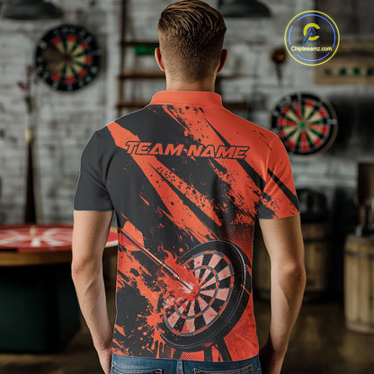 Custom Grunge Black And Orange Dart Jerseys, Flame Dart Tip Hit Bullseye Men Polo Shirt IPHW10058