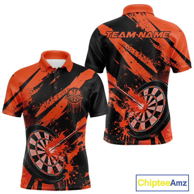 Custom Grunge Black And Orange Dart Jerseys, Flame Dart Tip Hit Bullseye Men Polo Shirt IPHW10058