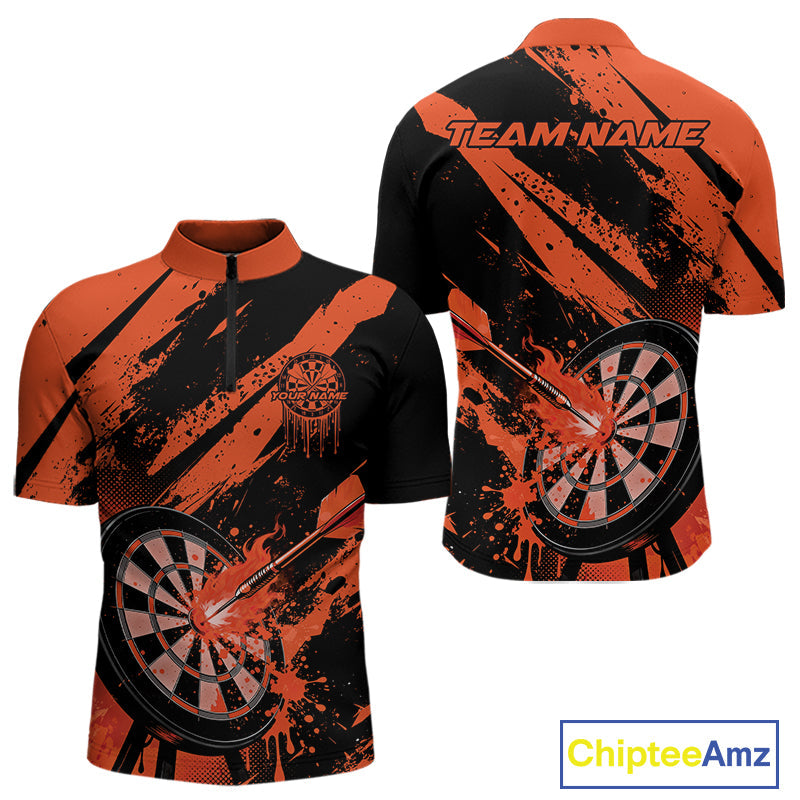 Custom Grunge Black And Orange Dart Jerseys, Flame Dart Tip Hit Bullseye Men Quarter-Zip Shirt IPHW10058