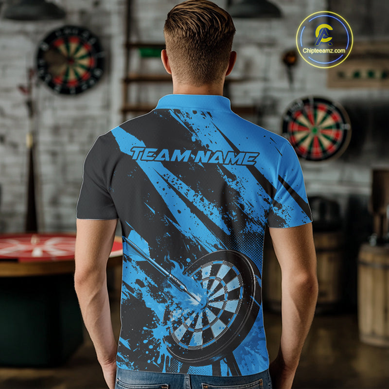 Custom Grunge Black And Blue Dart Jerseys, Flame Dart Tip Hit Bullseye Men Polo Shirt IPHW10059