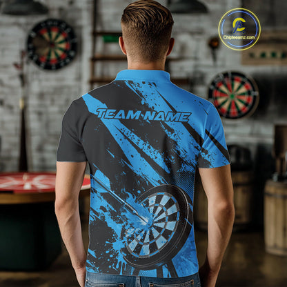 Custom Grunge Black And Blue Dart Jerseys, Flame Dart Tip Hit Bullseye Men Polo Shirt IPHW10059