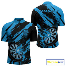 Load image into Gallery viewer, Custom Grunge Black And Blue Dart Jerseys, Flame Dart Tip Hit Bullseye Men Quarter-Zip Shirt IPHW10059