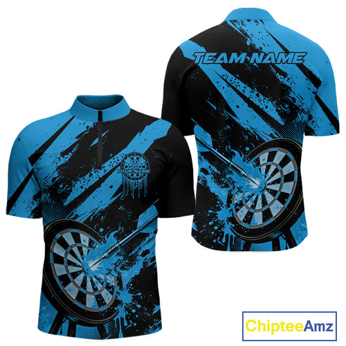 Custom Grunge Black And Blue Dart Jerseys, Flame Dart Tip Hit Bullseye Men Quarter-Zip Shirt IPHW10059
