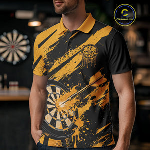 Custom Grunge Black And Yellow Dart Jerseys, Flame Dart Tip Hit Bullseye Men Polo Shirt IPHW10060