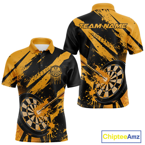 Custom Grunge Black And Yellow Dart Jerseys, Flame Dart Tip Hit Bullseye Men Polo Shirt IPHW10060