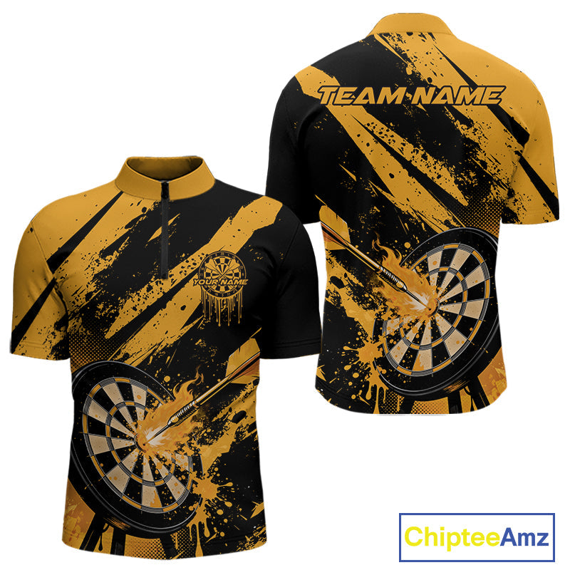Custom Grunge Black And Yellow Dart Jerseys, Flame Dart Tip Hit Bullseye Men Quarter-Zip Shirt IPHW10060