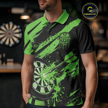 Load image into Gallery viewer, Custom Grunge Black And Green Dart Jerseys, Flame Dart Tip Hit Bullseye Men Polo Shirt IPHW10061