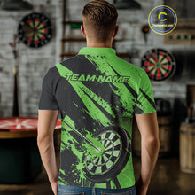 Load image into Gallery viewer, Custom Grunge Black And Green Dart Jerseys, Flame Dart Tip Hit Bullseye Men Polo Shirt IPHW10061
