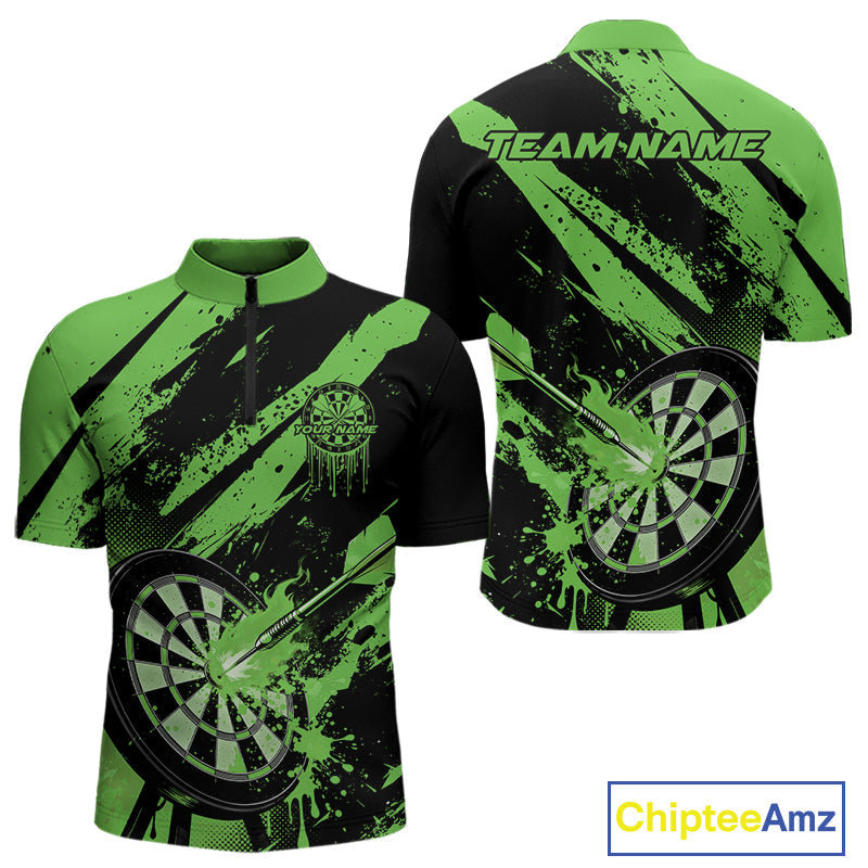 Custom Grunge Black And Green Dart Jerseys, Flame Dart Tip Hit Bullseye Men Quarter-Zip Shirt IPHW10061