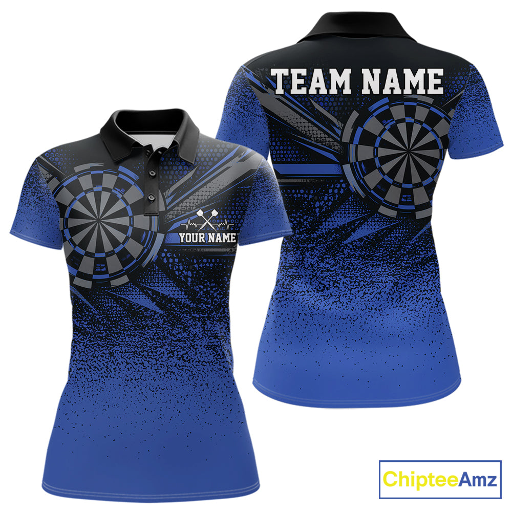 Custom Blue Grunge Dart Team Polo Shirt For Women, Dart Tournament Dart Jersey IPHW12677