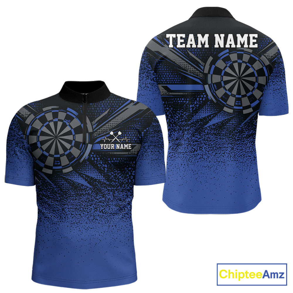 Custom Blue Grunge Dart Team Quarter Zip Shirt For Men, Dart Tournament Dart Jersey IPHW12677