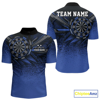 Custom Blue Grunge Dart Team Quarter Zip Shirt For Men, Dart Tournament Dart Jersey IPHW12677