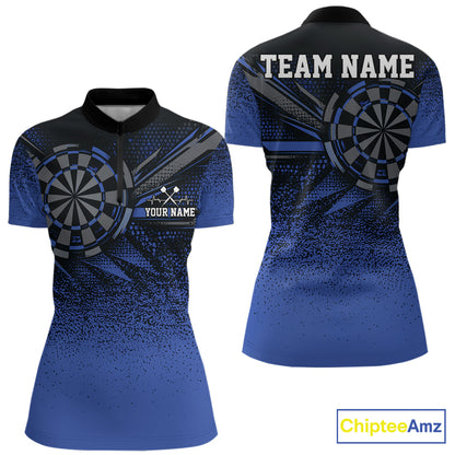 Custom Blue Grunge Dart Team Quarter-Zip Shirt For Women, Dart Tournament Dart Jersey IPHW12677