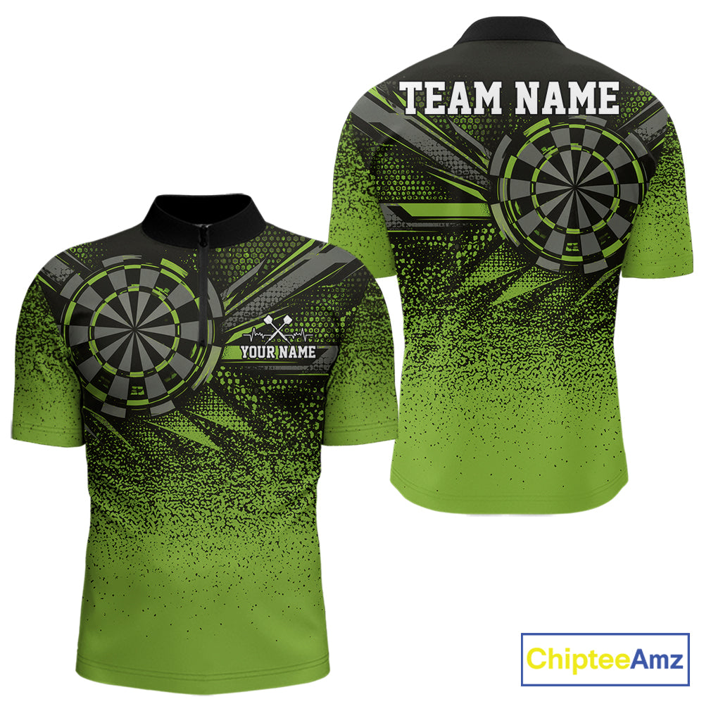 Custom Green Grunge Dart Team Quarter Zip Shirt For Men, Dart Tournament Dart Jersey IPHW12678