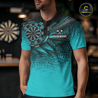 Custom Turquoise Grunge Dart Team Polo Shirt For Men, Dart Tournament Dart Jersey IPHW12679