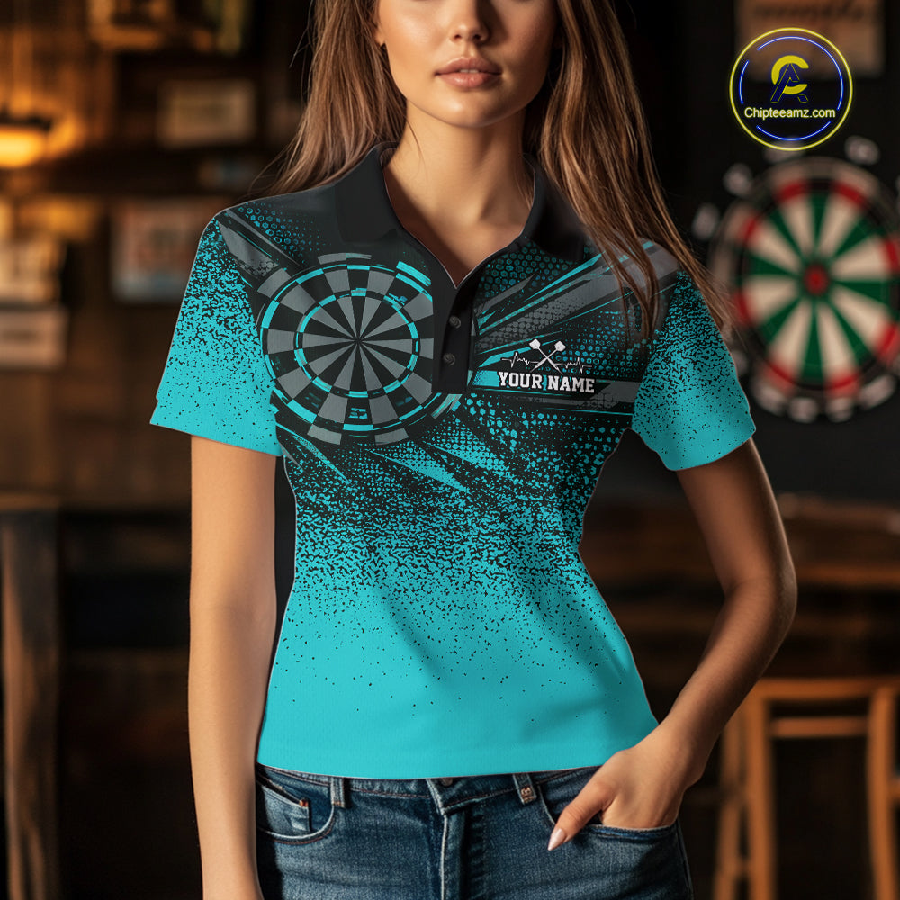 Custom Turquoise Grunge Dart Team Polo Shirt For Women, Dart Tournament Dart Jersey IPHW12679