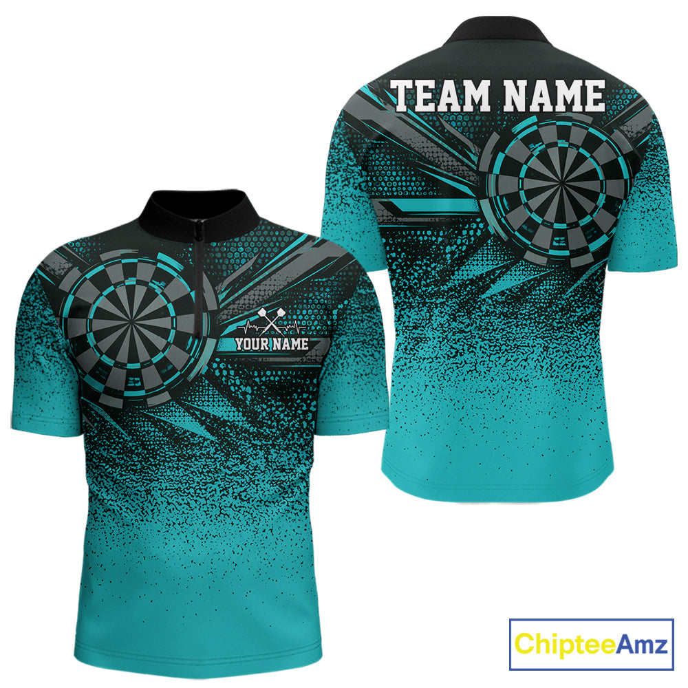 Custom Turquoise Grunge Dart Team Quarter Zip Shirt For Men, Dart Tournament Dart Jersey IPHW12679