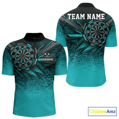Custom Turquoise Grunge Dart Team Quarter Zip Shirt For Men, Dart Tournament Dart Jersey IPHW12679