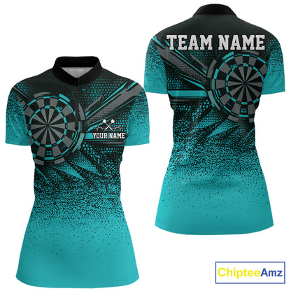 Custom Turquoise Grunge Dart Team Quarter-Zip Shirt For Women, Dart Tournament Jersey IPHW12679