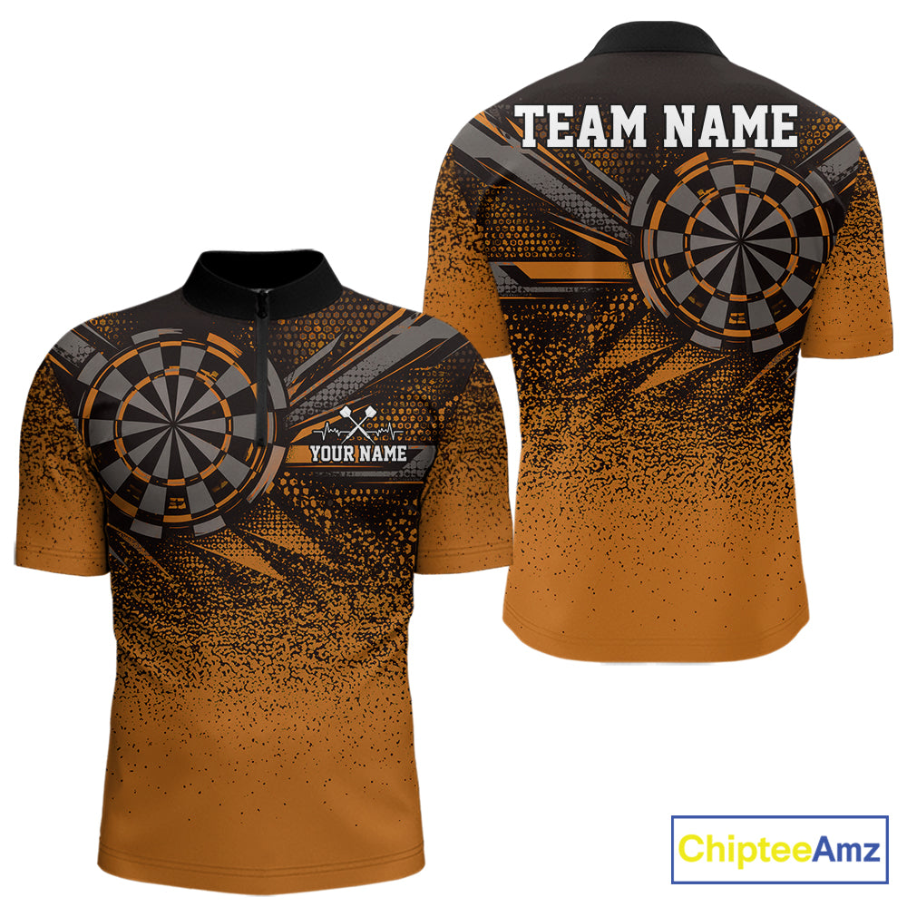 Custom Orange Grunge Dart Team Quarter Zip Shirt For Men, Dart Tournament Dart Jersey IPHW12680