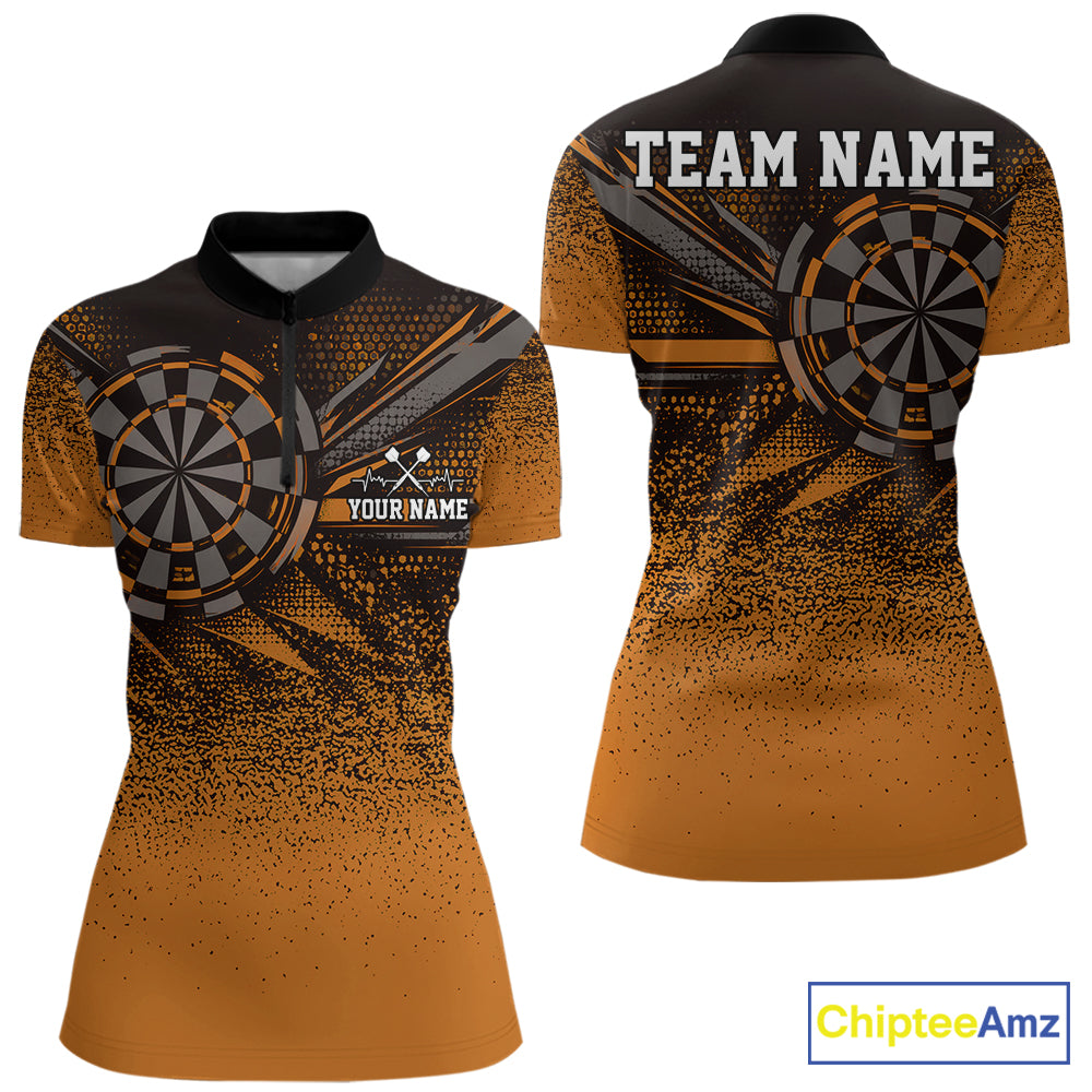 Custom Orange Grunge Dart Team Quarter-Zip Shirt For Women, Dart Tournament Dart Jersey IPHW12680