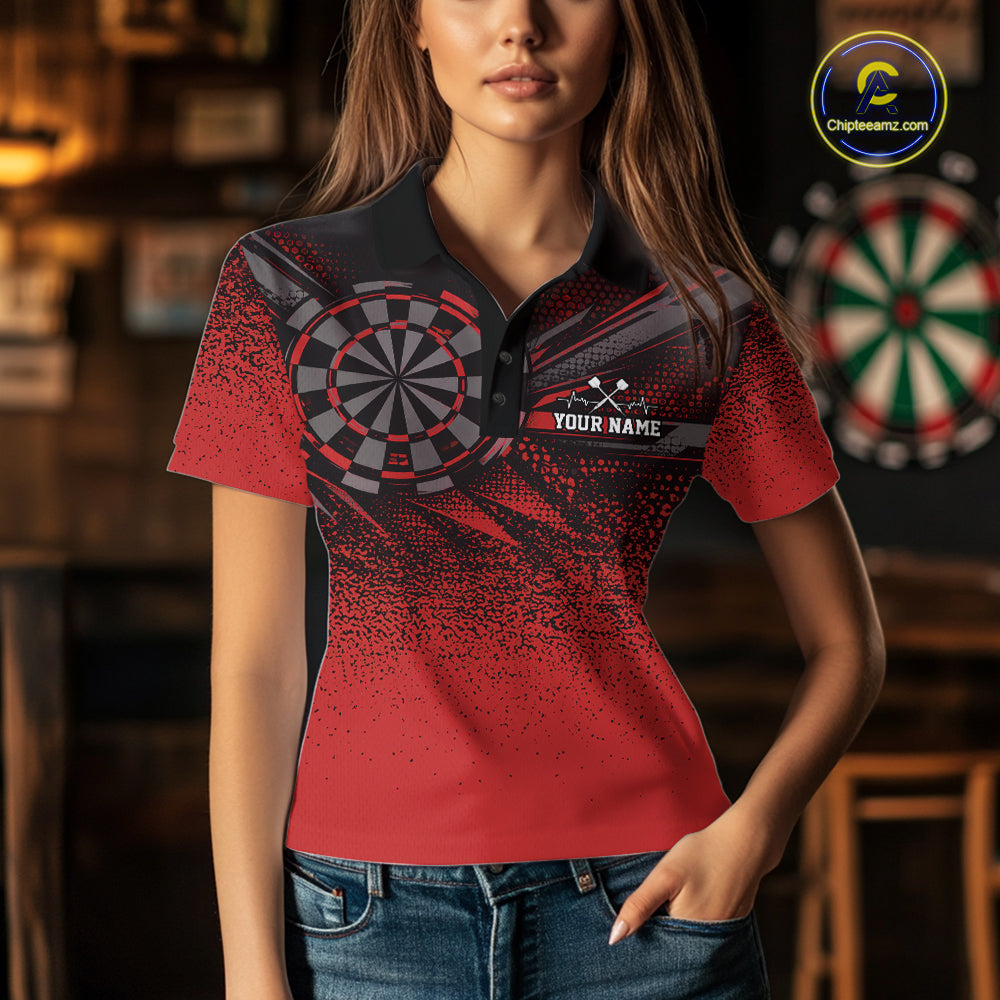 Custom Red Grunge Dart Team Polo Shirt For Women, Dart Tournament Dart Jersey IPHW12681