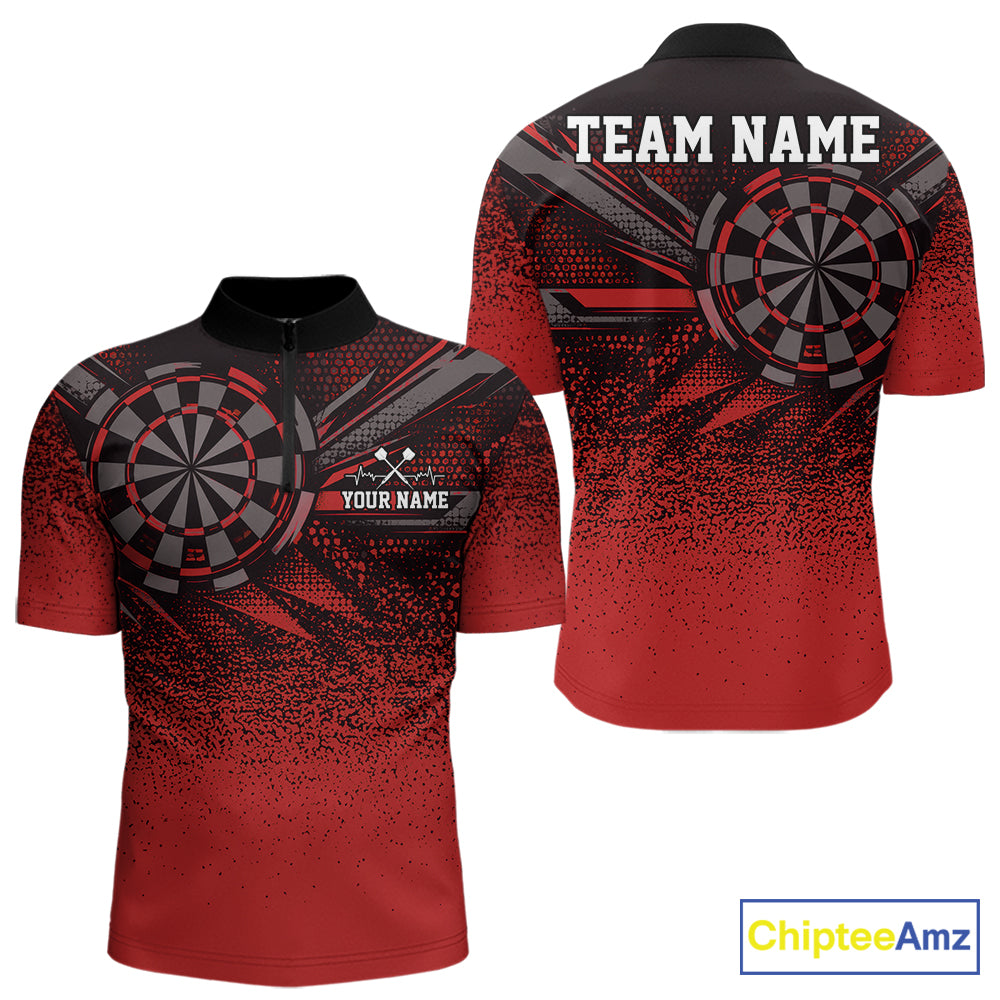 Custom Red Grunge Dart Team Quarter Zip Shirt For Men, Dart Tournament Dart Jersey IPHW12681