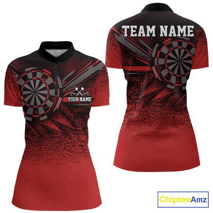 Custom Red Grunge Dart Team Quarter-Zip Shirt For Women, Dart Tournament Dart Jersey IPHW12681