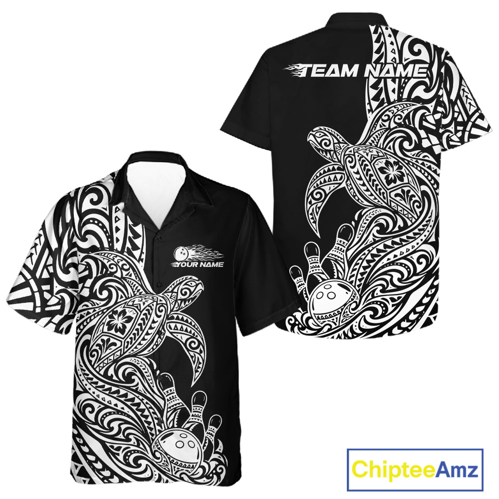 Custom Black And White Polynesian Tribal Turtle Bowling Jersey Team Men And Women Button Up Shirt IPHW12699