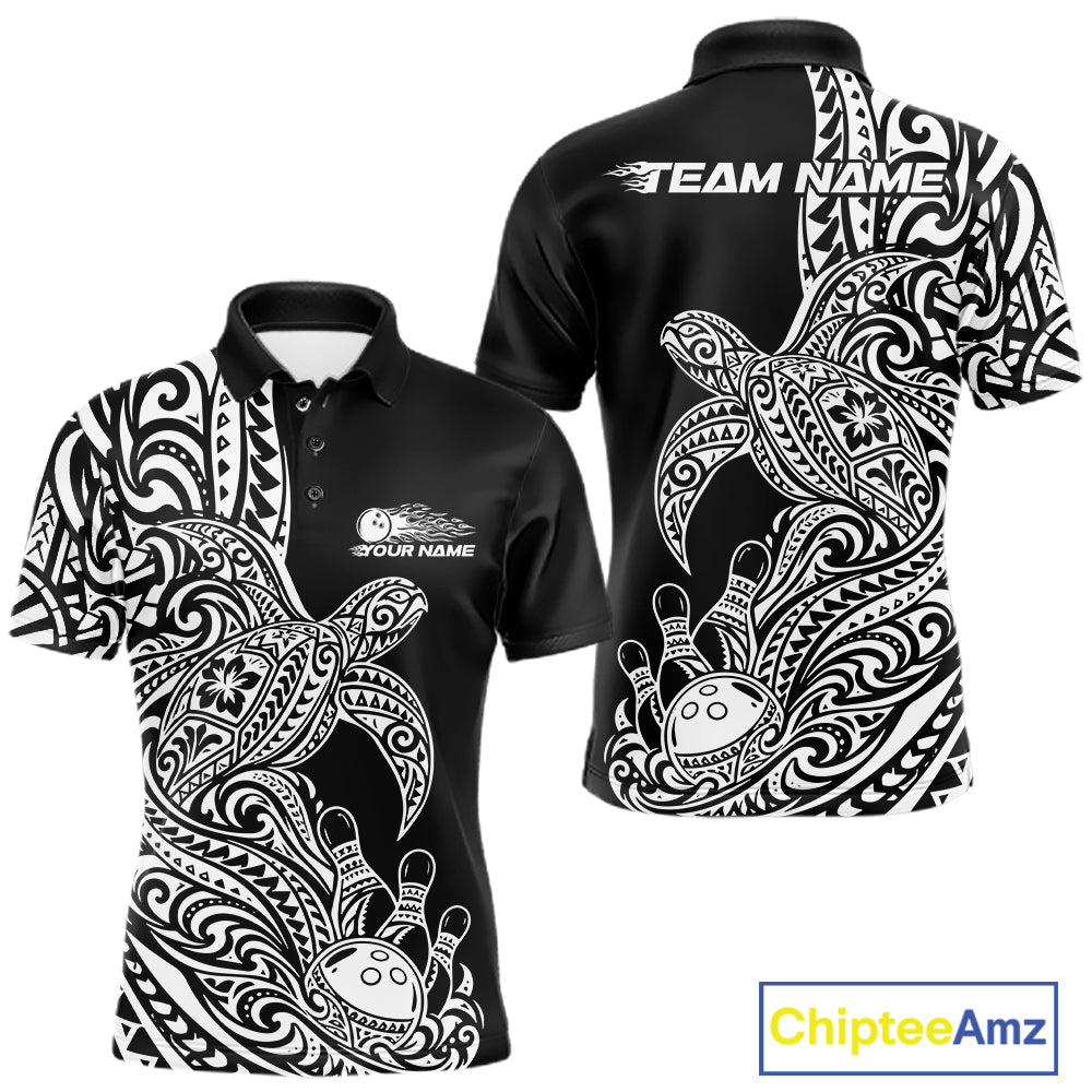 Custom Black And White Polynesian Tribal Turtle Bowling Jersey Team Men Polo Shirt IPHW12699