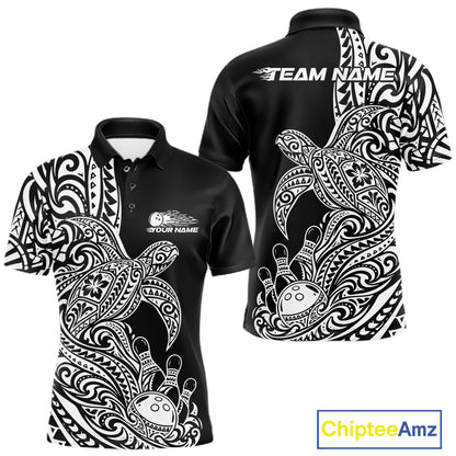 Custom Black And White Polynesian Tribal Turtle Bowling Jersey Team Men Polo Shirt IPHW12699