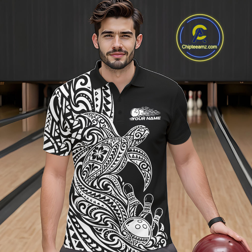 Custom Black And White Polynesian Tribal Turtle Bowling Jersey Team Men Polo Shirt IPHW12699